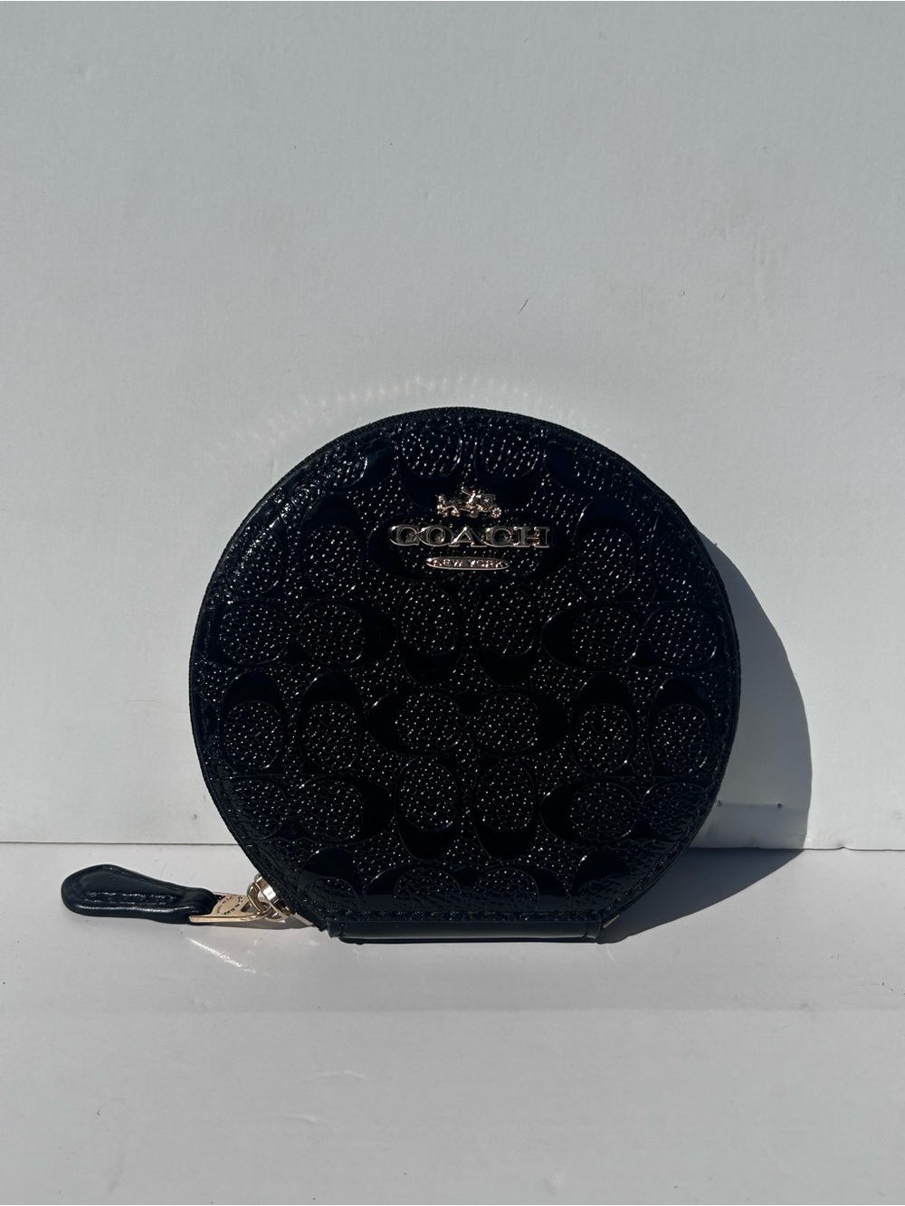COACH Black Debossed Signature Patent Leather Circular Round Coin Purse Pouch